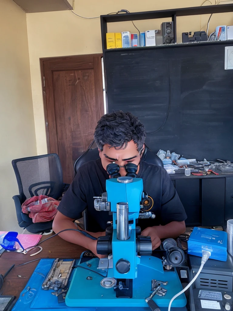 Convert the photo of a person repairing a phone through a microscope into a detailed pencil sketch. Emphasize the intricate details of the microscope, tools, and work environment, while maintaining a realistic representation of the person. The sketch should capture the focus and dedication of the technician