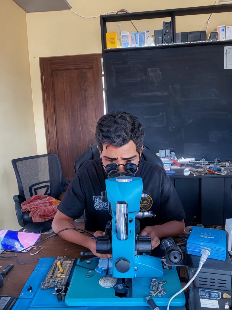 Convert the photo of a person repairing a phone through a microscope into a detailed pencil sketch. Emphasize the intricate details of the microscope, tools, and work environment, while maintaining a realistic representation of the person. The sketch should capture the focus and dedication of the technician