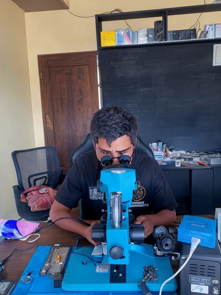 Convert the photo of a person repairing a phone through a microscope into a detailed pencil sketch. Emphasize the intricate details of the microscope, tools, and work environment, while maintaining a realistic representation of the person. The sketch should capture the focus and dedication of the technician