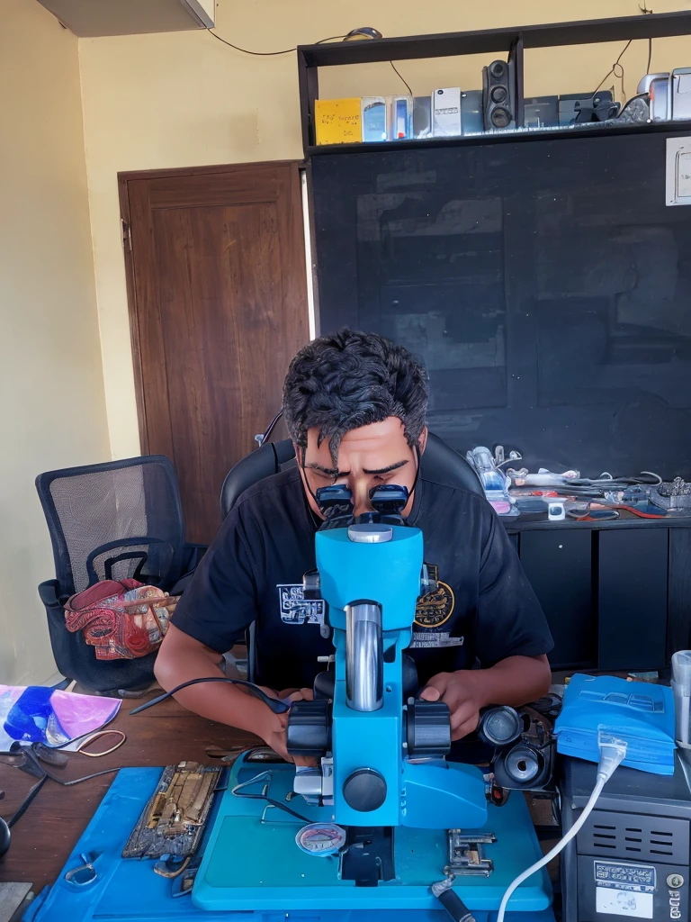 Convert the photo of a person repairing a phone through a microscope into a detailed pencil sketch. Emphasize the intricate details of the microscope, tools, and work environment, while maintaining a realistic representation of the person. The sketch should capture the focus and dedication of the technician