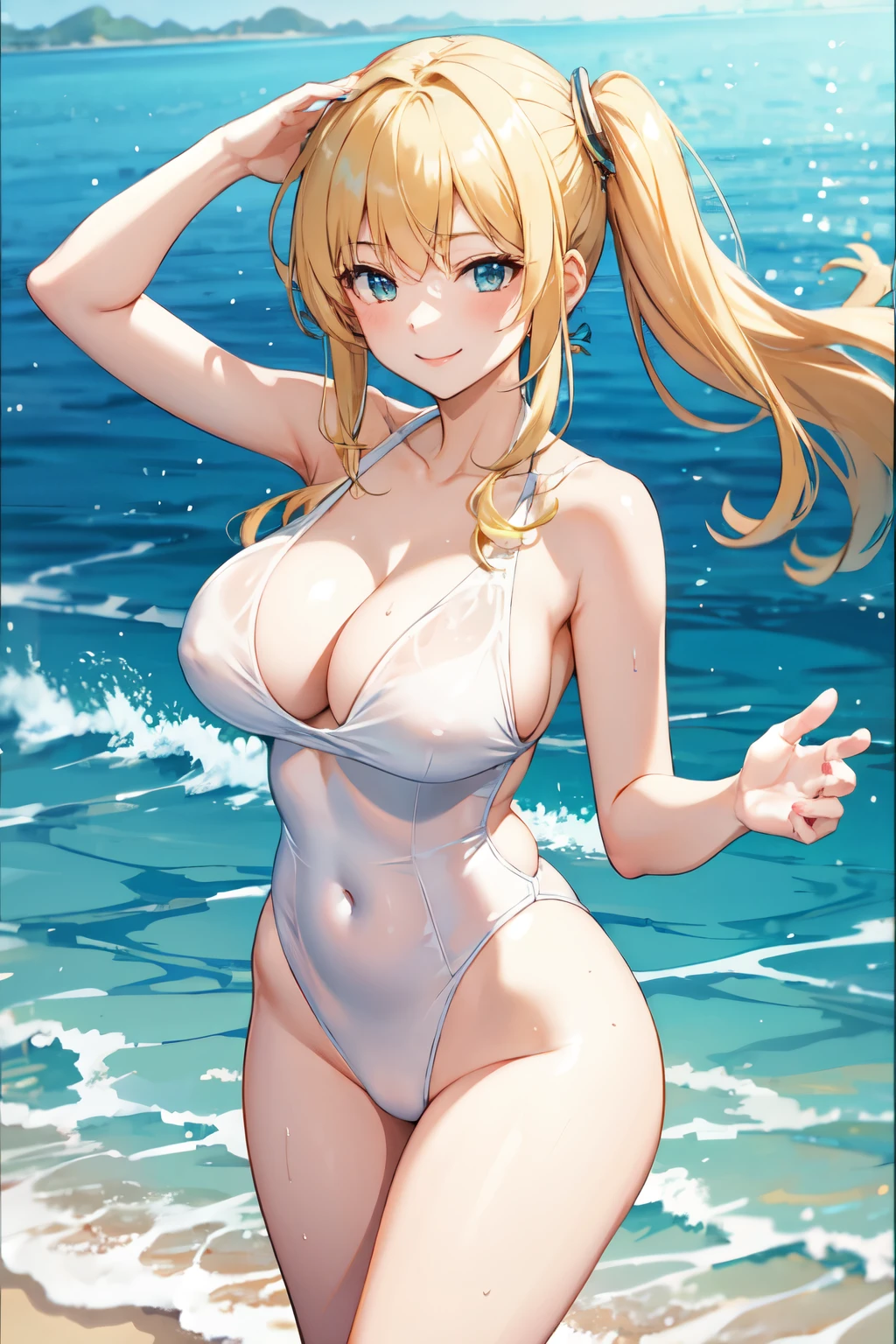 high school girl,Lewd,White swimsuit,Golden Hair,smile