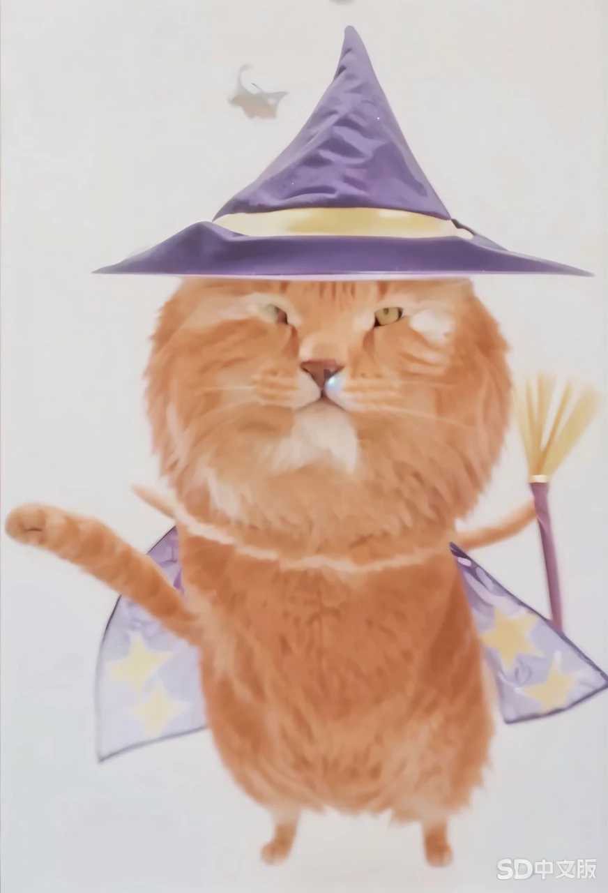 An orange cat in a purple cloak and a purple pointed magic hat, and a magician with a magic wand in his hand