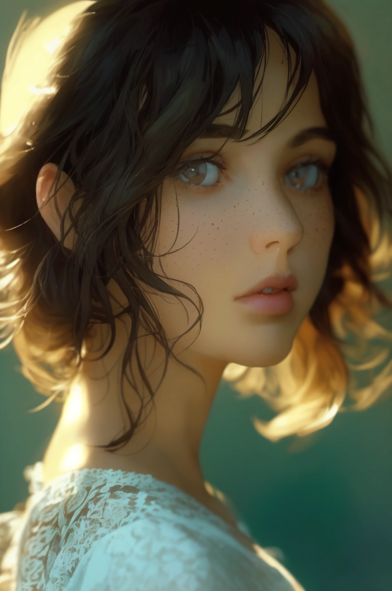 Stunning brunette woman with freckles, Portra 400 film photo, analog inspiration