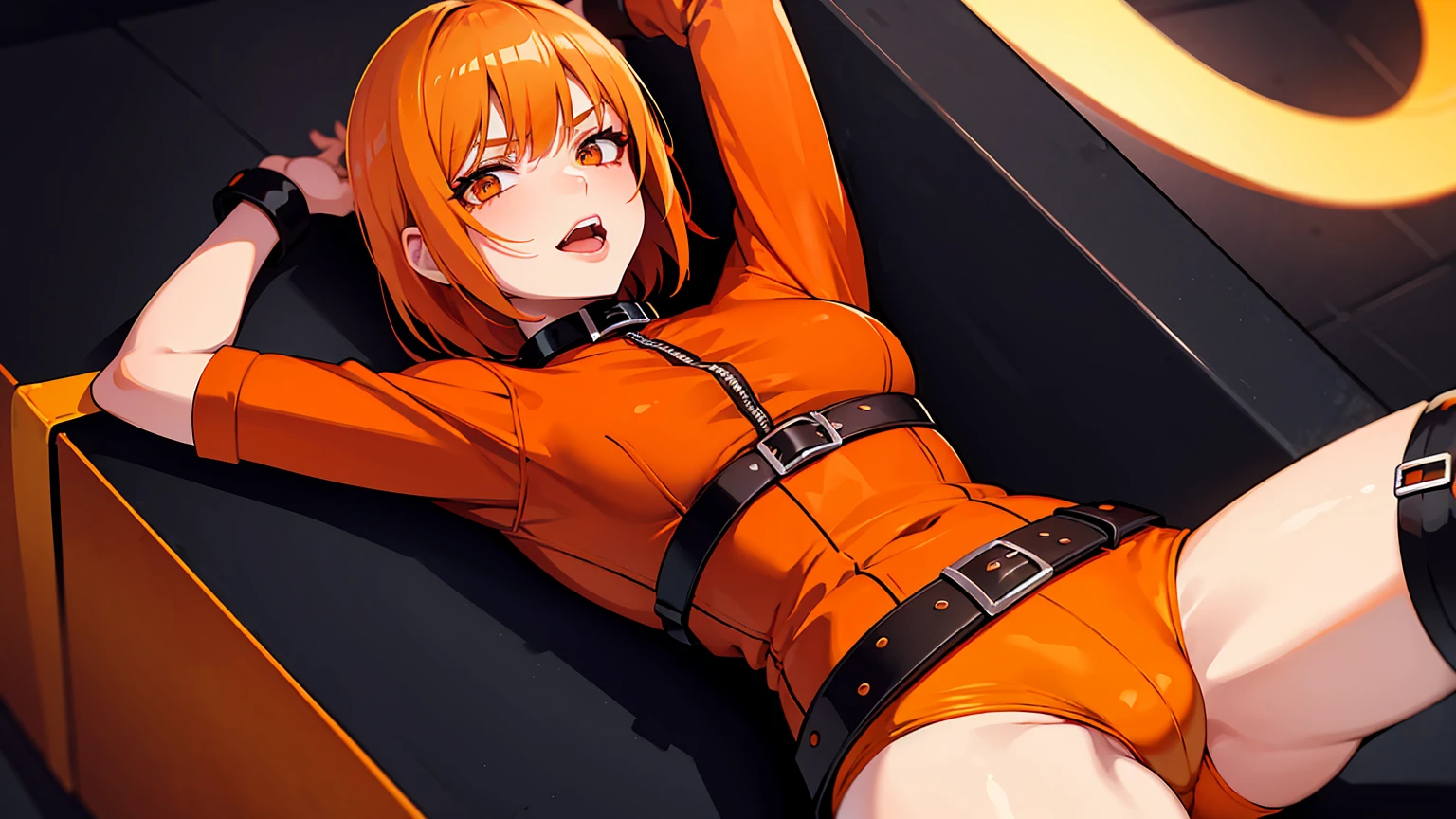 Open your mouth wide,Sticking out tongue,sadistic,Orange Hair Woman,Short Bob,Provocative,Provocative look,Looking down on,Orange leather underwear,Orange belt collar,Highest quality,Anime Style,