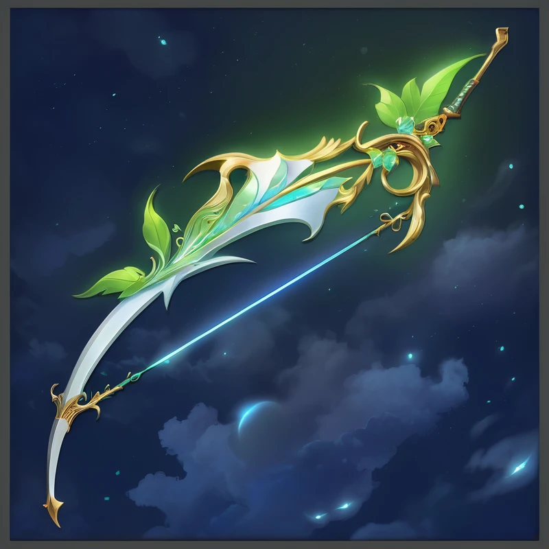 There is a bow in the sky,It is decorated with a leaf, magical longbow, glowing green soul blade, Intricate Fantasy Spear, golden art nouveau scythe blade, Fantasy Scythe, Cyan ethereal tendril wings, Fantasy weapons, sword, Decorative bow, Short bow, A long, delicate, ornate sickle, Fantasy Blade, longbow, Sword weapons