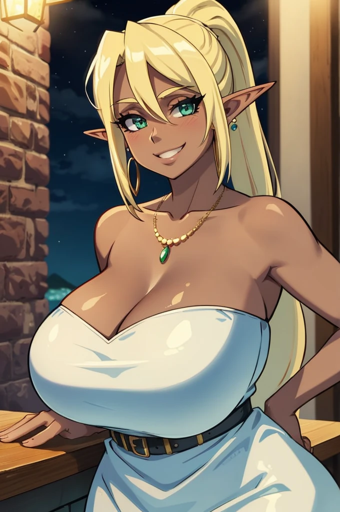(masterpiece, official art), 1girls, solo, thick, curvy, curvaceous, blonde hair, green eyes, long hair, ponytail, elf ears, elf, leafa, (closeup), portrait, (gigantic breasts), (huge breasts), fluffy breasts, standing, cowboy shot, at bar, at night, looking at viewer, (upper body), grin, seductive, alluring attire, sidelock braids, strapless tight evening dress, earrings, necklace, open shoulders, dark skin