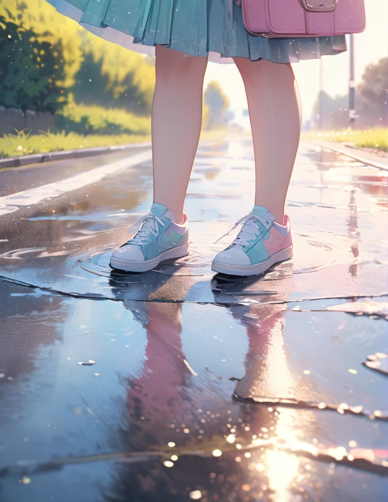 A soft touch to painting、超High resolution, Attention to detail, high quality, High resolution, 最high quality, 4K, 8K,Road after the rain、Puddle and girl、Pastel color effect