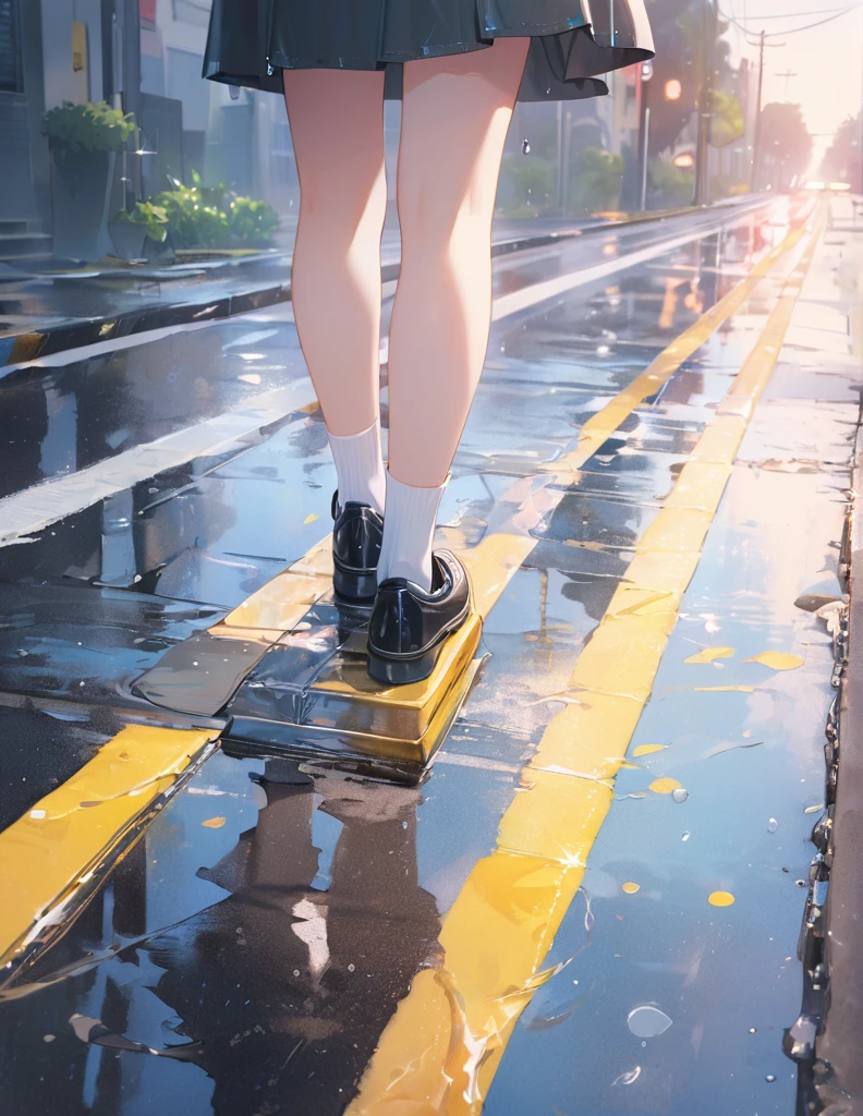 A soft touch to painting、超High resolution, Attention to detail, high quality, High resolution, 最high quality, 4K, 8K,Road after the rain、Puddle and girl、Pastel color effect