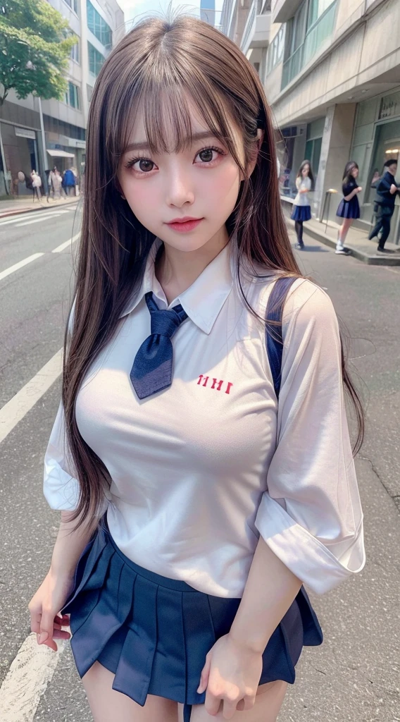 (8K, RAW Photos, Highest quality, masterpiece:1.2), (Realistic, photo-Realistic:1.4), (extremely detailed 8K wallpaper), Sharp focus, Depth of written boundary, Boscinematic Lighting, Soft Light, Beautiful eyes every detail,shiny smooth light brown Long Bob Hair, Asymmetrical bangs, Glowing Skin, Highly detailed skin ,High resolution, Attention to detail, Detailed hairstyle, Attention to detail美顔, hyper Realistic, Perfect limbs, Perfect Anatomy ,1 Japanese girl,Famous Japanese Idols, Perfect female body, Large Breasts,smile,short eyelashes,double eyelid,Long Bob Hair, (school uniform:1.3),(Mini Skirt Navy Mini Skirt), View your viewers, (Crowded street:1.3),Cowboy Shot
