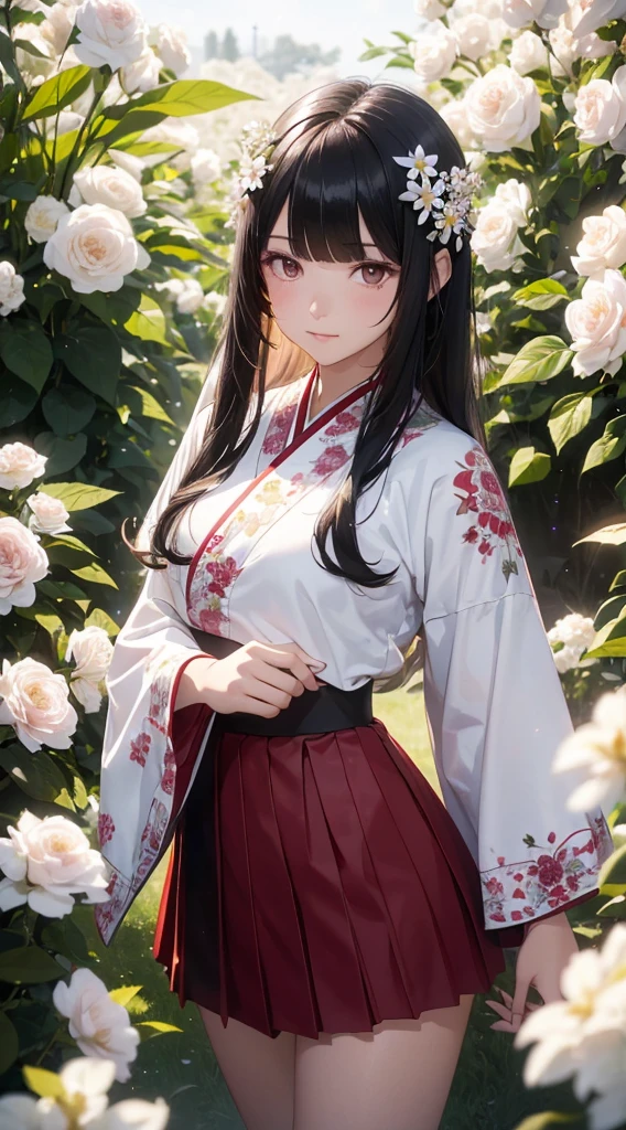 The background is a world of white flowers、(((Highest quality))), Tabletop, High resolution, (((One Girl))), 16 years old,Purple eyes、(((Long, straight black hair))),(((Not trimming bangs))),(((Jagged bangs))),(((Wavy bangs))),(((Red long hair ornament))),(((Disjointed bangs))),(Tsundere face),Pink kimono,(((Black Skirt))),(((String Band))),((Dark red floral kimono)), Tyndall effect, Realistic, Shadow Studio, red lighting, Dual Tone Lighting, (High Definition Skins: 1.2) Digital SLR, photograph, High resolution, 4K, 8K, Background Blur,Beautiful fade out、The background is a world of white flowers