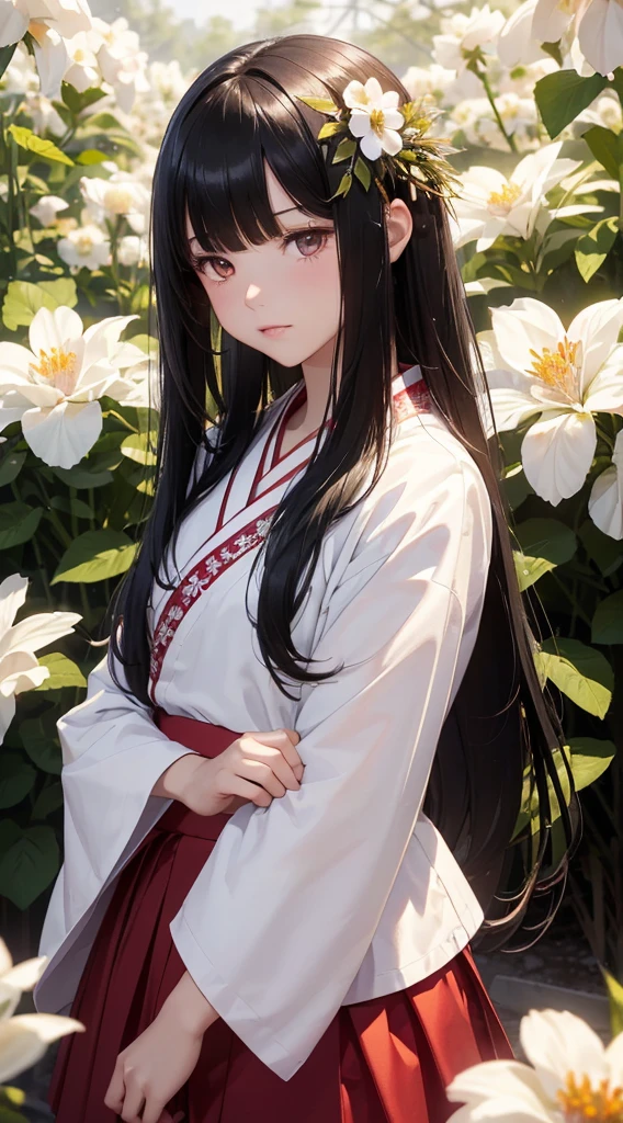 The background is a world of white flowers、(((Highest quality))), Tabletop, High resolution, (((One Girl))), ,Purple eyes、(((Long, straight black hair))),(((Not trimming bangs))),(((Jagged bangs))),(((Wavy bangs))),(((Red long hair ornament))),(((Disjointed bangs))),(Tsundere face),Pink kimono,(((Black Skirt))),(((String Band))),((Dark red floral kimono)), Tyndall effect, Realistic, Shadow Studio, red lighting, Dual Tone Lighting, (High Definition Skins: 1.2) Digital SLR, photograph, High resolution, 4K, 8K, Background Blur,Beautiful fade out、The background is a world of white flowers