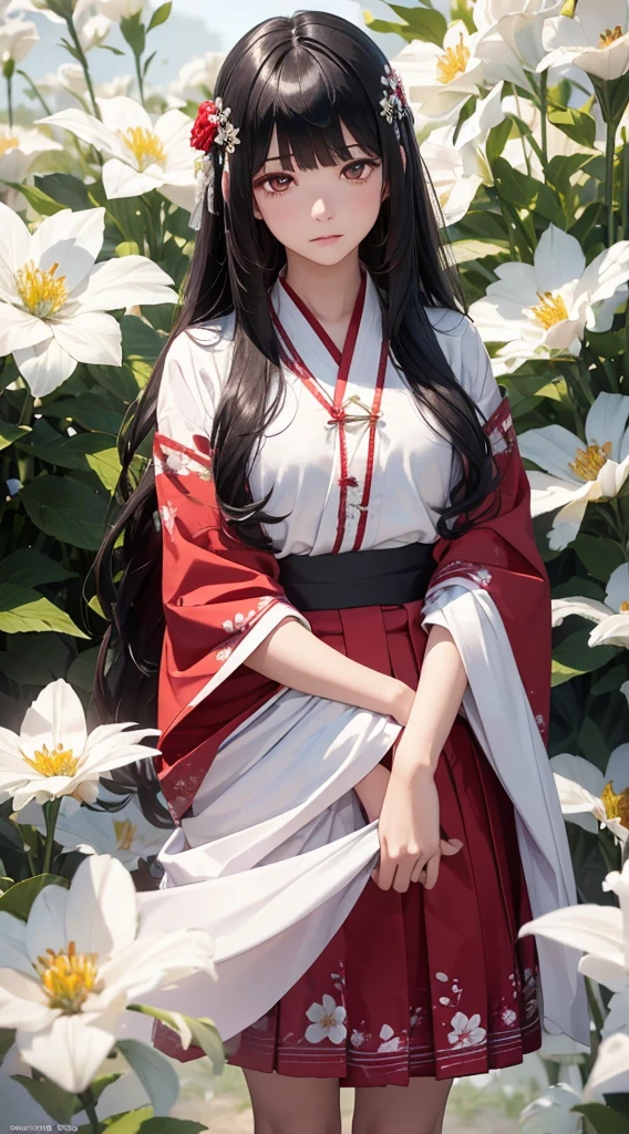 The background is a world of white flowers、(((Highest quality))), Tabletop, High resolution, (((One Girl))), 16 years old,Purple eyes、(((Long, straight black hair))),(((Not trimming bangs))),(((Jagged bangs))),(((Wavy bangs))),(((Red long hair ornament))),(((Disjointed bangs))),(Tsundere face),Pink kimono,(((Black Skirt))),(((String Band))),((Dark red floral kimono)), Tyndall effect, Realistic, Shadow Studio, red lighting, Dual Tone Lighting, (High Definition Skins: 1.2) Digital SLR, photograph, High resolution, 4K, 8K, Background Blur,Beautiful fade out、The background is a world of white flowers