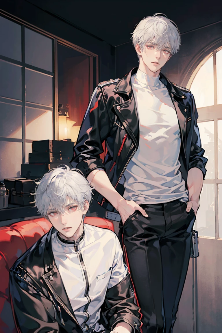 anime - (masterpiece), best quality, seductive eyes, mature face, red eyes, short messy white haircut, short length white hair, plain white t shirt, black leather jacket, black pants, tall man, long legs, masculine, broad shoulders, adult-like, full body, both hands on his pockets, bad boy, motorcycle 
