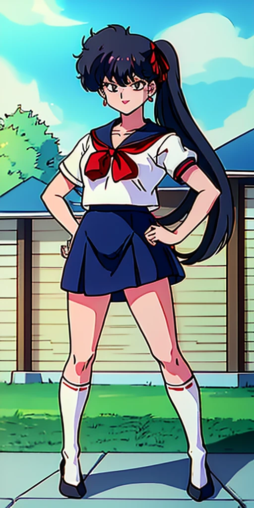Highest quality, (masterpiece:1.2), Very detailed, Are standing, Outdoor, building, School,kodachi kuno, Woman putting hands on hips 1 girl, alone, Are standing, Looking at the audience, smile, Sign for viewers Black hair, Side Tail, black eye, Red ribbon, (Short-sleeved sailor suit), Earrings, choker, Red Bow, Blue Skirt、Long legs、White knee-high socks
