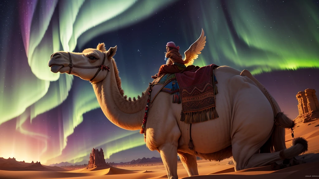 Imagine a mighty camel with wings in sahara desert with northern lights in sky at night scene