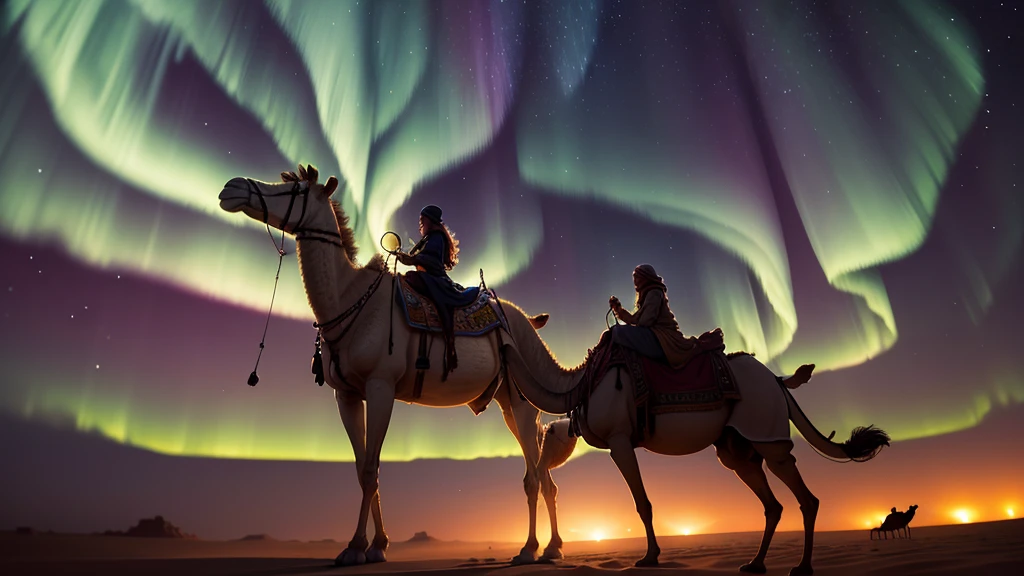 Imagine a mighty camel with wings in sahara desert with northern lights in sky at night scene