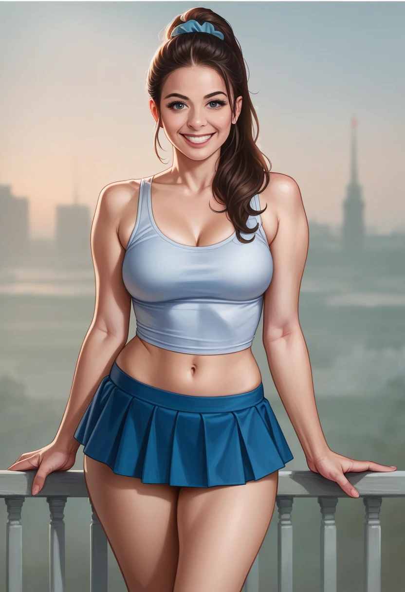 18-year-old, adorable, British girl, 15 years old, portrait ,Tank top((mini skirt))、Thighs Thighs Nose:1.1), hair scrunchie, Beautiful ponytail  , (high color saturation,catch light:1.0),  (highly detailed skin), (highest quality:1.0), (Super high resolution:1.0) ,(photo-realistic:1.0), (super detailed:1.0), (8K, RAW photo:1.1),( smile:0.8),looking at the viewer