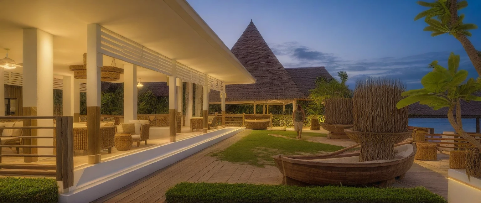 wooden Local caft Resort , coconut trees, greenery landscape, along the white beach, clear sky, sunrise time, warm lighting RAW Photo, RAW texture, Super Realistic, 32K UHD, DSLR, soft lighting, high quality, film rating, Fujifilm XT3 