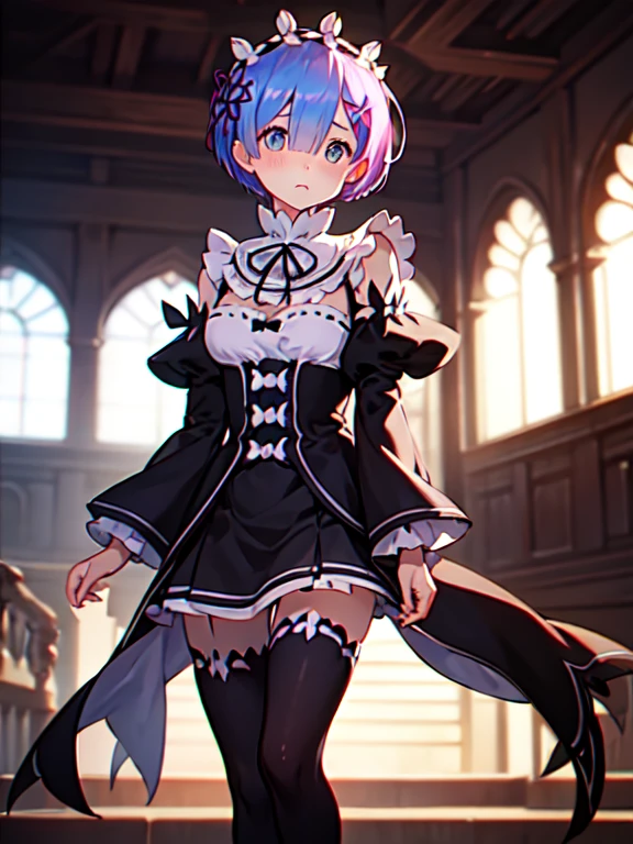 vibrant colors, female, masterpiece, sharp focus, best quality, depth of field, cinematic lighting,rem \(re:zero\), standing, shy, bobcut
