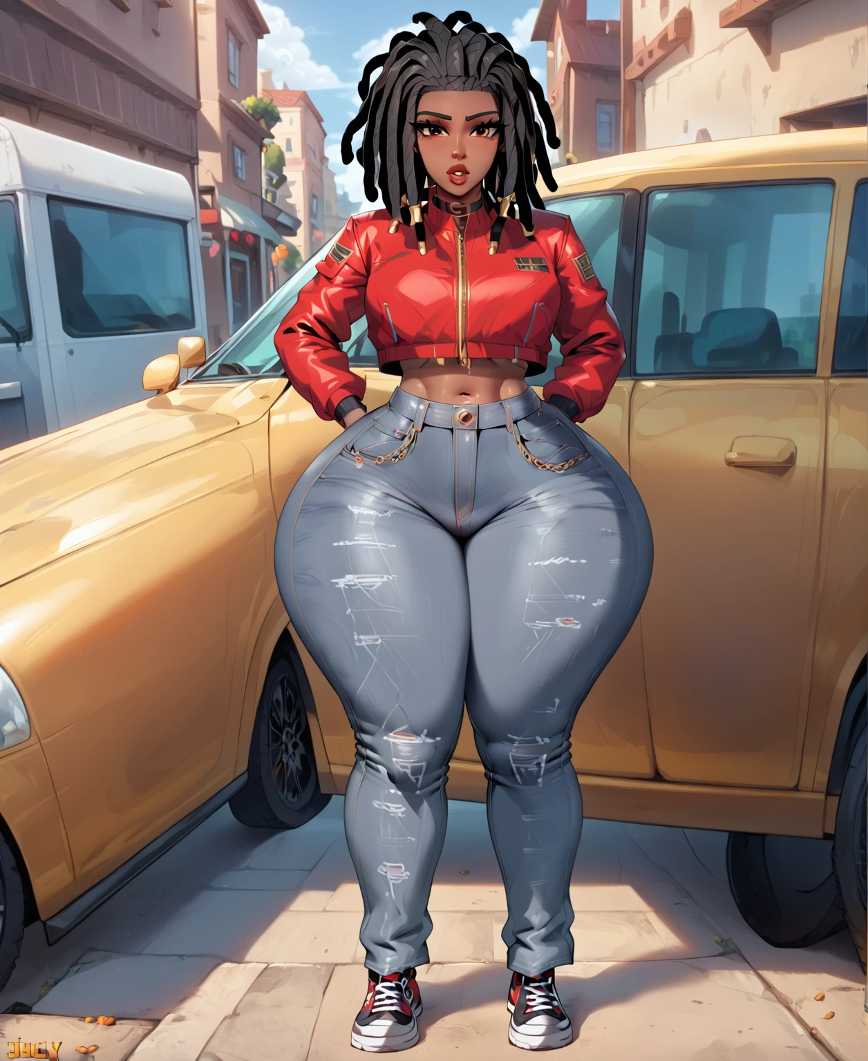 (best quality, masterpiece),An dark skin woman with dreadlocks in grey jeans and a black/red jacket standing outside, skinny waist and thick hips, thick thighs, thicc, thick, thick body, big booty, thick thigs, beautiful thick female, she has a jiggly fat round belly, largest haunches ever, large thighs, wide hips, great proportions, widest hips, insanely inflated hips