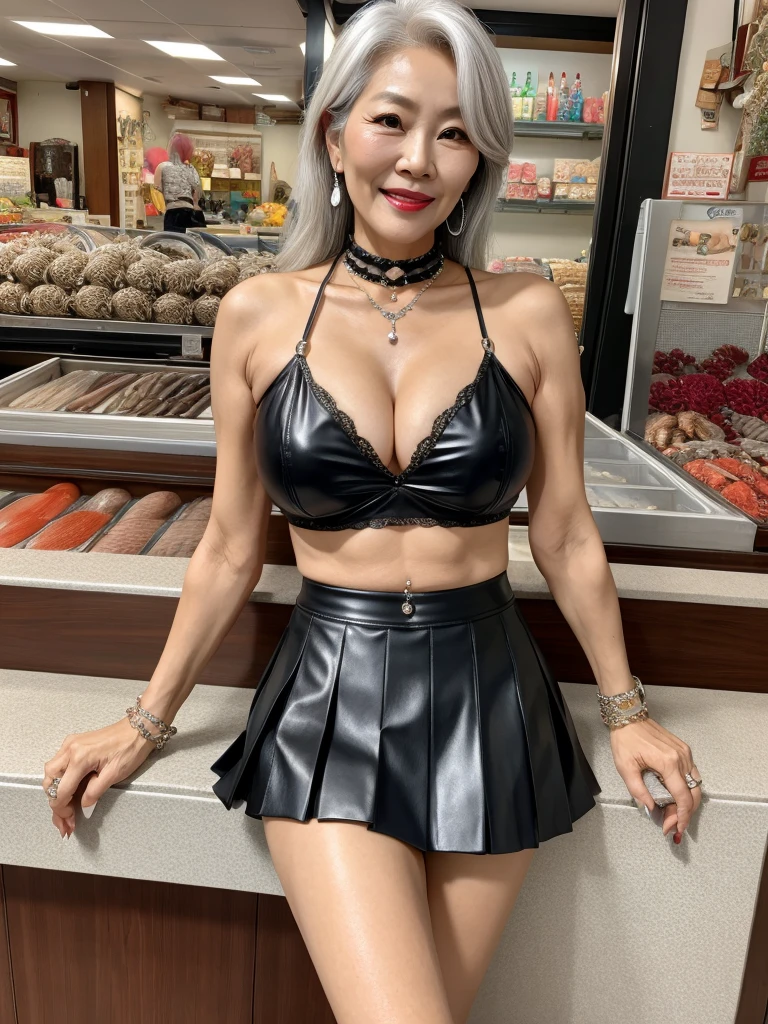 60 years old mom milf Korean, Lady large earring Big choker navel piercing decoration A bracelet Silver Hair realisitic Gorgeous Madame Beautiful Mature Woman sexly Smile Gentle woman navel piercing 4K High quality fish shop Fish Market sale Black leather pleated skirt