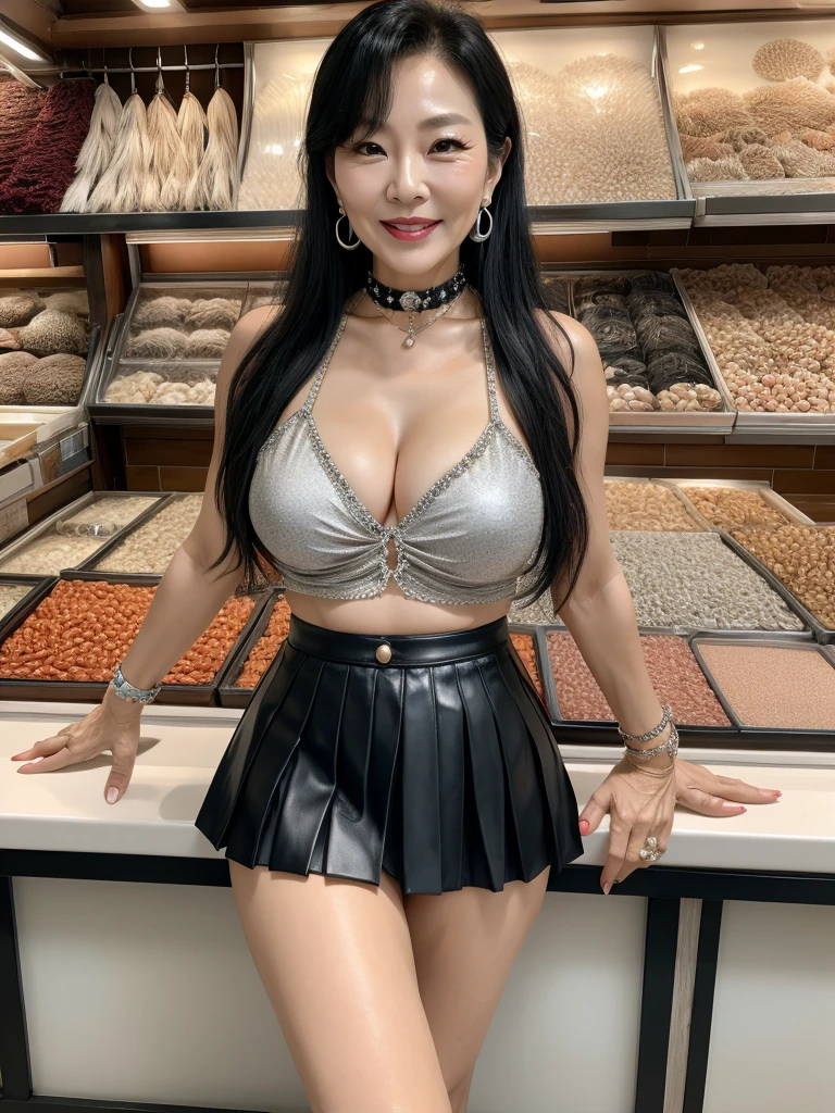 60 years old mom milf Korean, Lady large earring Big choker navel piercing decoration A bracelet Silver Hair realisitic Gorgeous Madame Beautiful Mature Woman sexly Smile Gentle woman navel piercing 4K High quality fish shop Fish Market sale Black leather pleated skirt