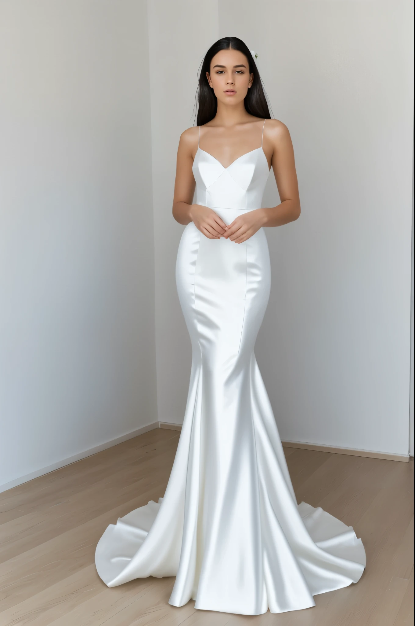 Best quality, 8k, 32k, Masterpiece, Masterpiece, (Photorealistic: 1.4), RAW photo, ultra realistic, 1girl, Fashion model, Wearing a long mermaid wedding dress, satin fabric, full length view, pose Stand upright in white room with a minimalist design, featuring white walls and a clean, modern aesthetic.