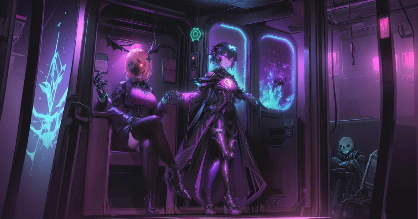 Generate a vibrant and eerie Halloween-themed train interior. Details: - Protagonist: "Rabbit Killer" who was a girl in a cyberpunk outfit with a bloodstained rabbit mask. - Train decorations: Bat-shaped paper decorations, pumpkins, spider webs, with a neon twist. - Lighting: Pink and purple neon lights. - Floor and walls: Pink bloodstains. - Ghosts: Holographic projections floating through the air. - Passengers: Cosplaying as cyberpunk and horror characters (skeletons with mechanical parts, neon-outlined ghosts, witches with futuristic gadgets). - Additional elements: Electronic jack-o'-lanterns, holographic bats hanging from the ceiling. Atmosphere: - A mix of eerie and exciting, with a futuristic, haunted vibe.