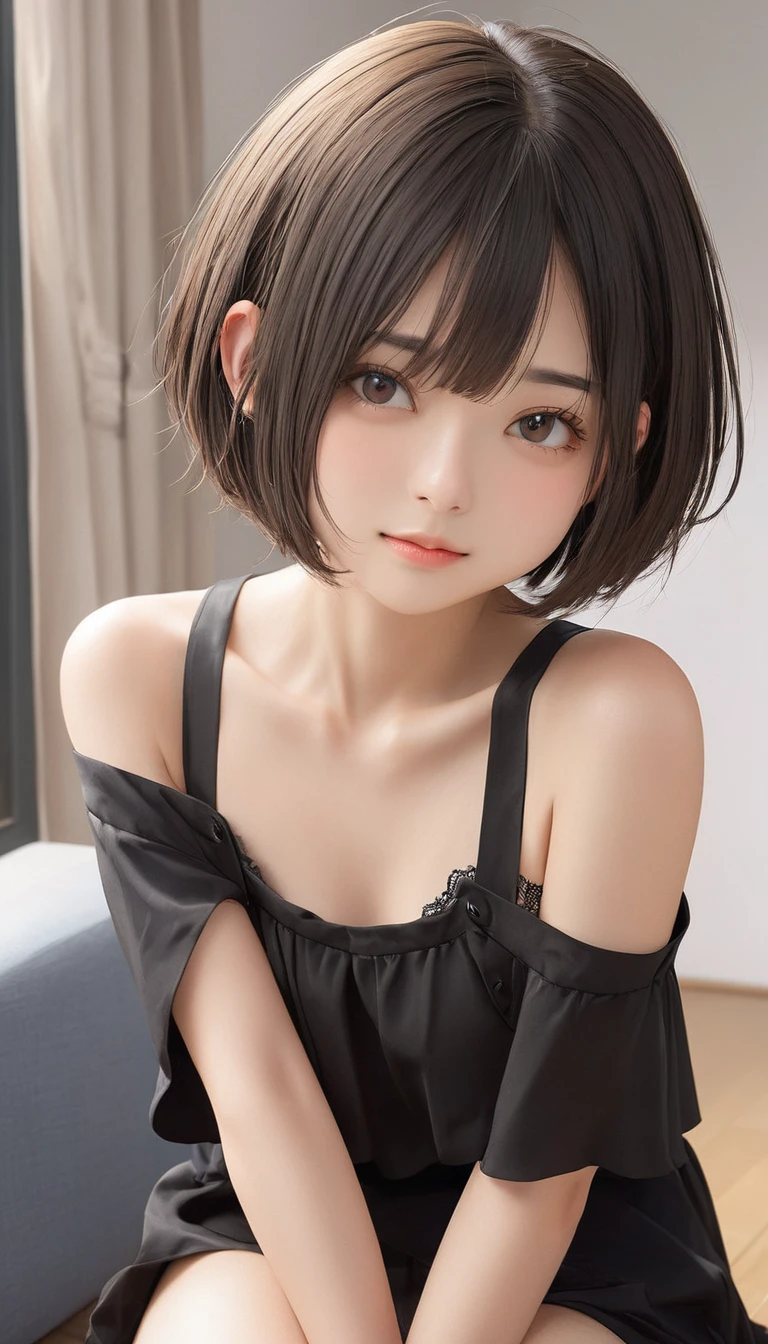 (masterpiece, Highest quality:1.2), One girl, alone,bony body、、, Extra Short Hair, Side lock hair