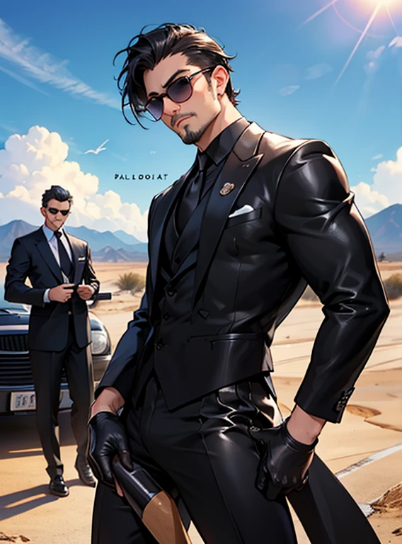 Two Men,One is 30 years old、Black Suit,Daytime desert、mafia、Spread your legs、Stand with your hips slightly lowered、Posture Pose、Black leather gloves,Open your legs more,logic,Gay ,7:3 parting / all back,Stubble,Black sunglasses,Asian Faces,Masculine,Interfemoral partが膨らむ、Erotic ,looking at the camera、The other is 40 years old.、同じくmafia、Berry Short、Black Hair、Black Suit、Stubble,Black sunglasses,Black leather gloves、Asian Faces,Masculine,Interfemoral partが膨らむ、erection、Erotic上司 Seen from below pants、Interfemoral part、It's a little wet