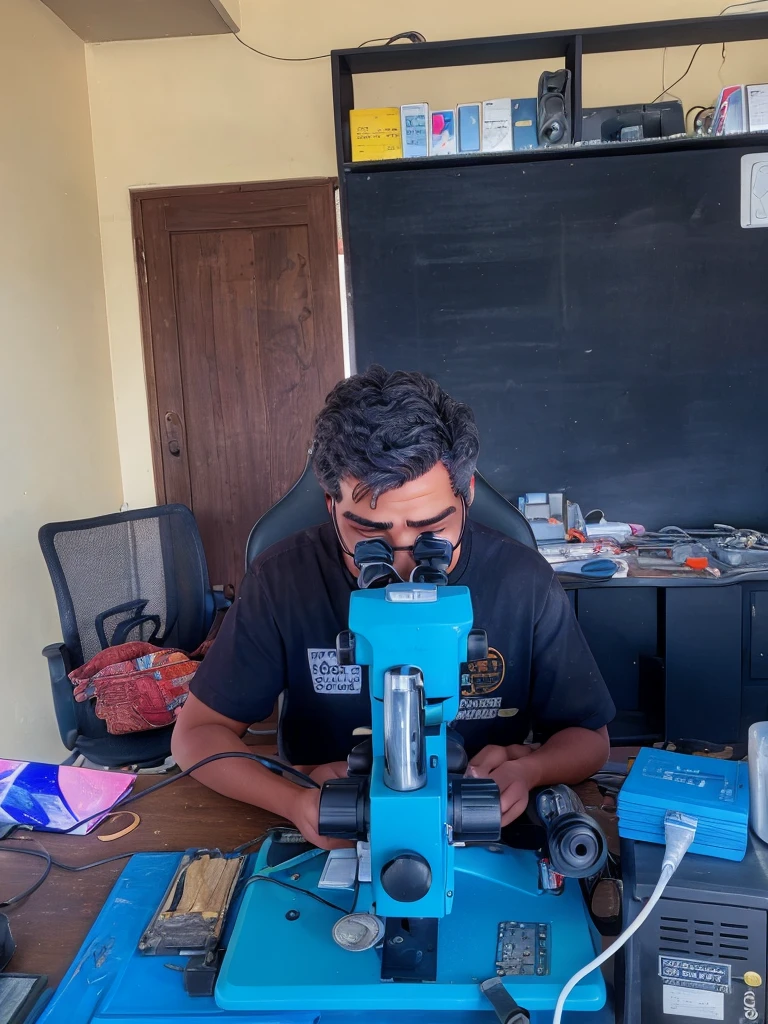 Convert the photo of a person repairing a phone through a microscope into a detailed pencil sketch