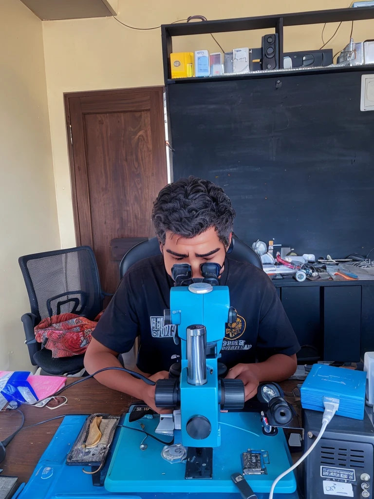 Convert the photo of a person repairing a phone through a microscope into a detailed pencil sketch
