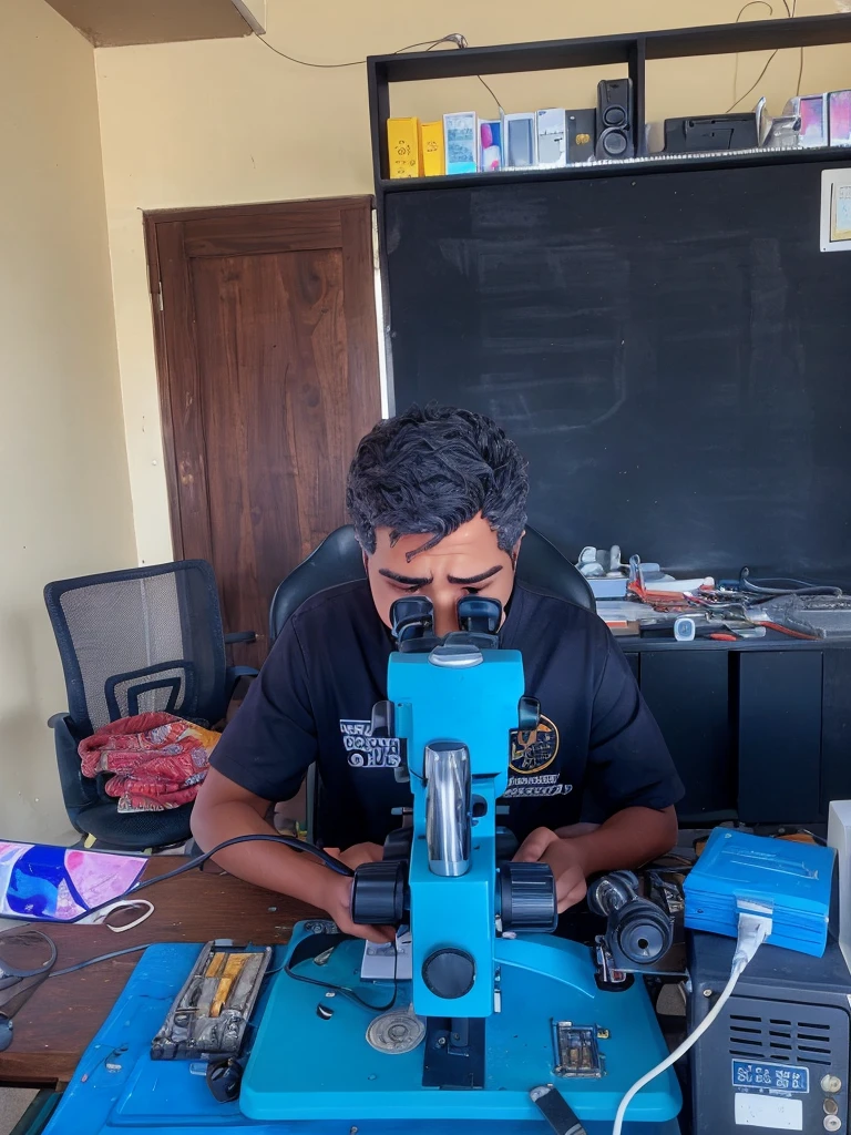 Convert the photo of a person repairing a phone through a microscope into a detailed pencil sketch
