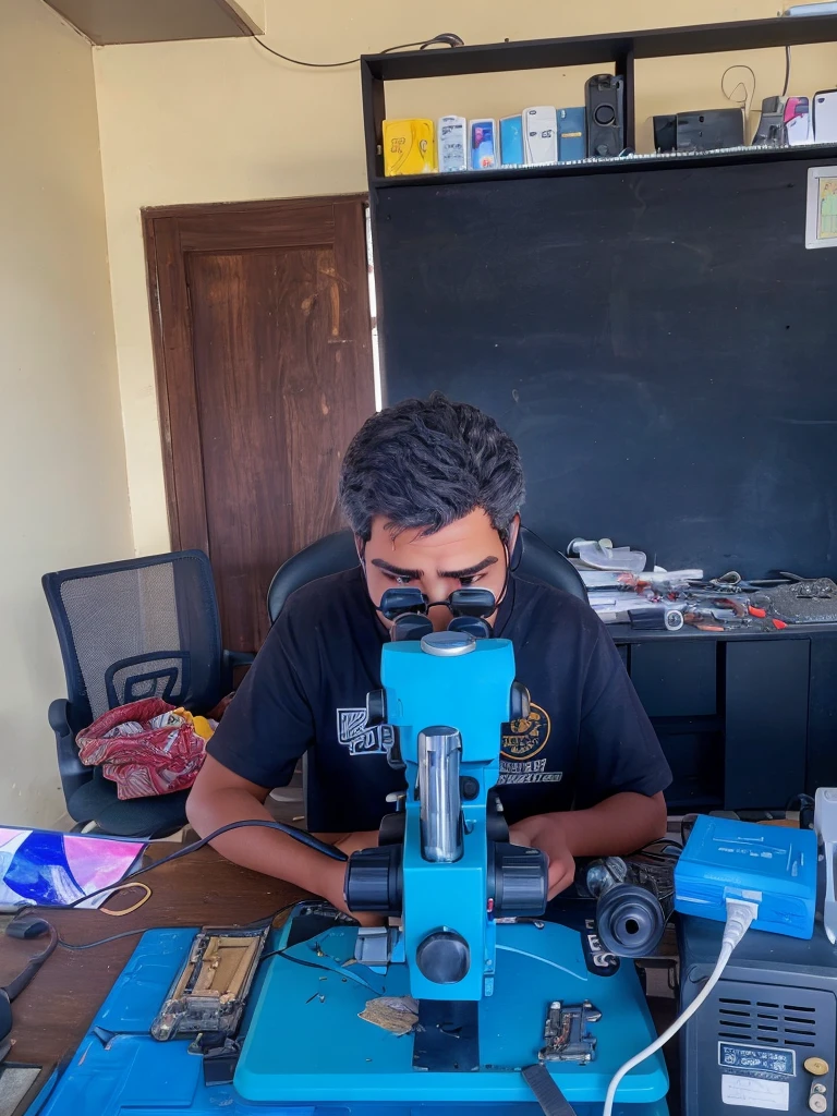 Convert the photo of a person repairing a phone through a microscope into a detailed pencil sketch