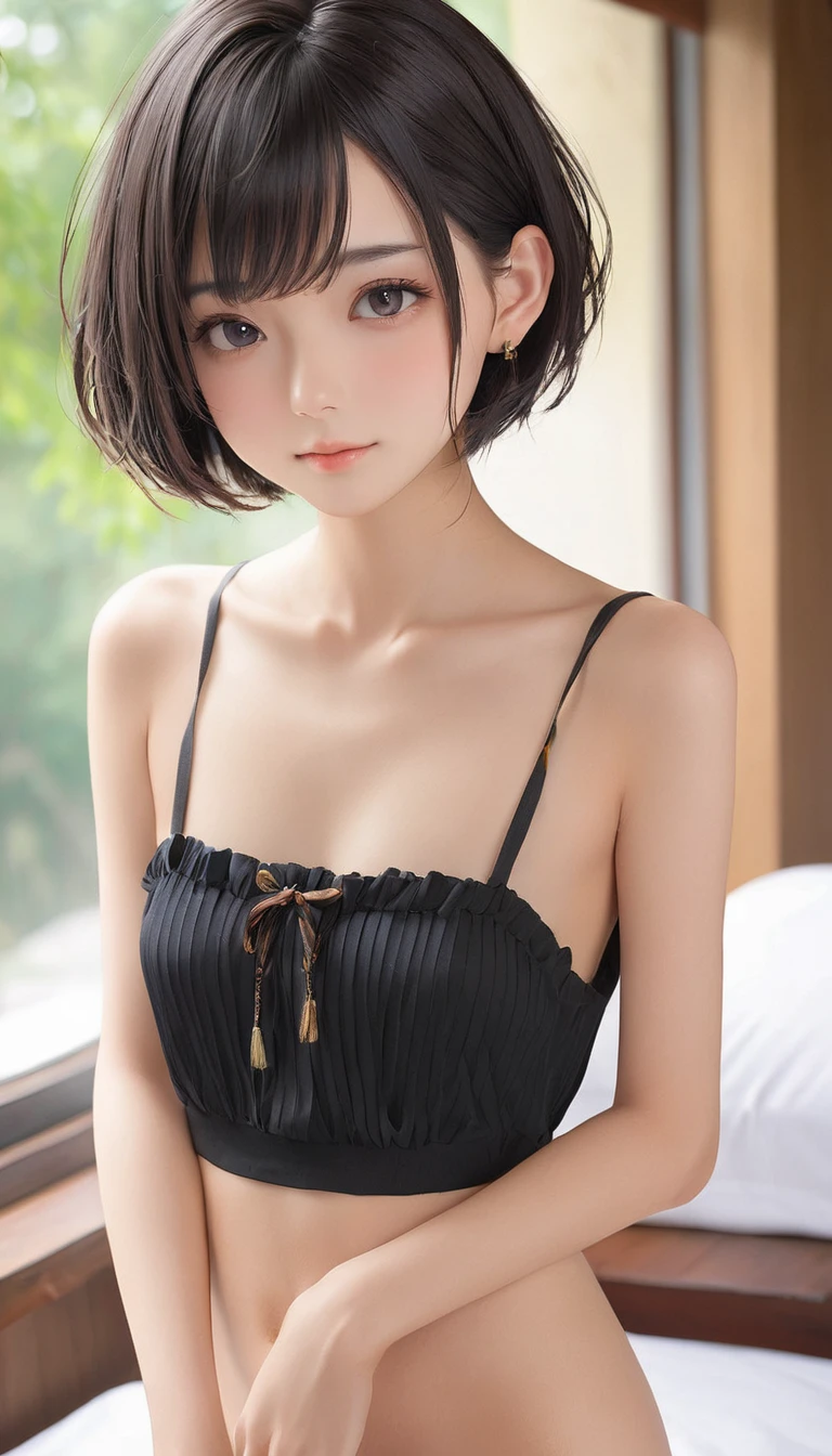 (masterpiece, Highest quality:1.2), One girl, alone,bony body、15 years old、, Extra Short Hair, Side lock hair