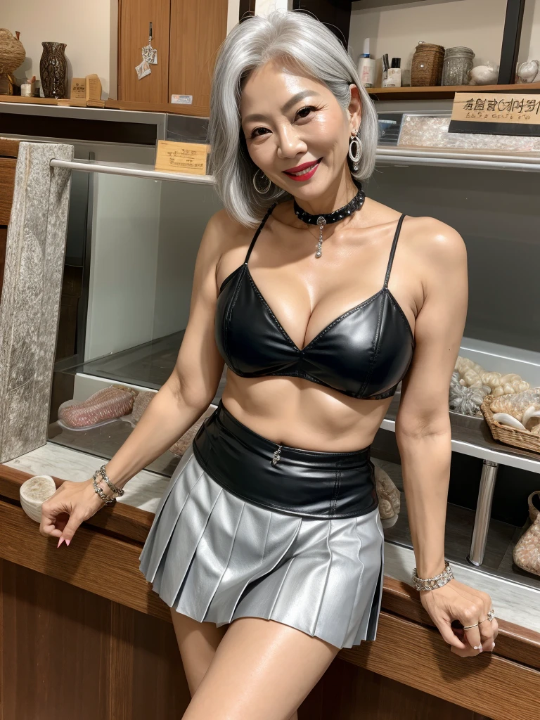 60 years old mom milf Korean, Lady large earring Big choker navel piercing decoration A bracelet Silver Hair realisitic Gorgeous Madame Beautiful Mature Woman sexly Smile Gentle woman navel piercing 4K High quality fish shop Fish Market sale Black leather pleated skirt