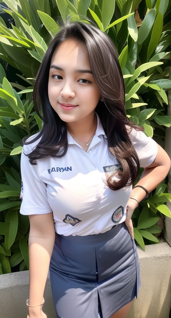 1girl, (uniform), standing, outdoors, curvy, tall, detailed face, detailed eyes, thick breasts, shiny skin, tight shirt, grey blue short skirt, looking at the audience, low angle shot,(8k, RAW photo, best quality, masterpiece: 1.2), (realistic, realistic: 1.37), ultra-high resolution