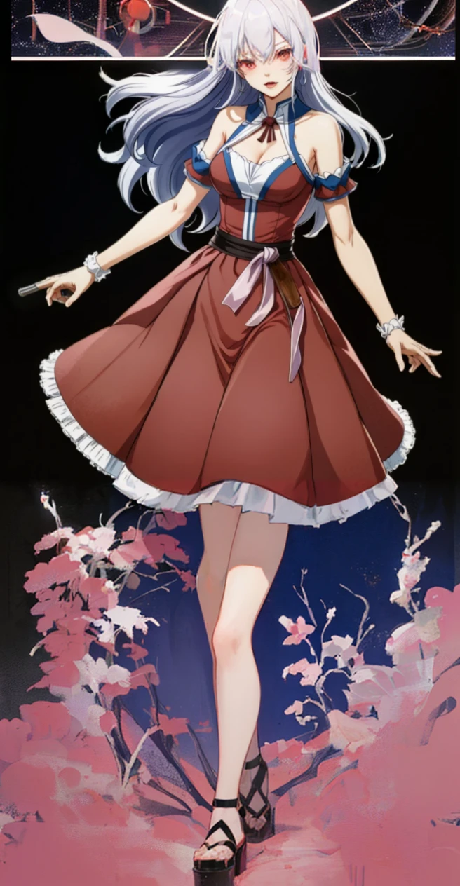 anime girl in a red dress, white haired, female anime character, anime character, in dress, cute anime waifu in a nice dress, official character art, anime woman fullbody art, a silver haired mad, detailed anime character art, bare leg, blue high heel sandals