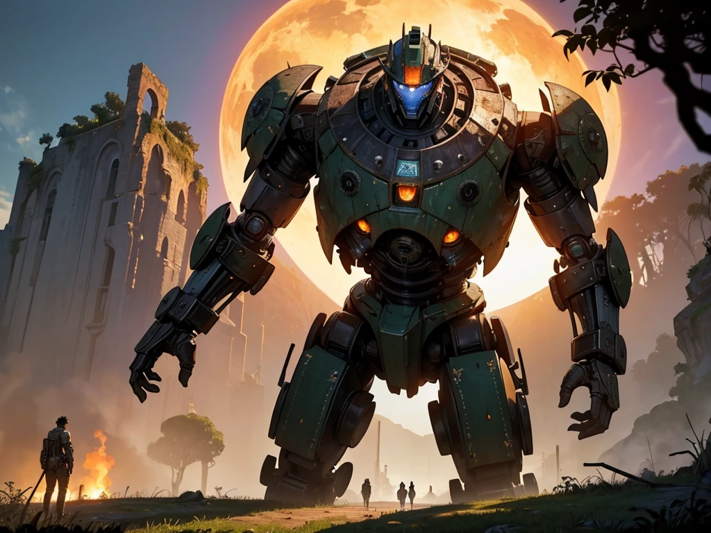 A colossal iron robot stands majestically amidst an ancient and mystical landscape. The robot, towering over its surroundings, is covered in rust and moss, showing signs of age and wear. Its body is composed of intricate, weathered metal plates, gears, and joints, giving it a steampunk-like appearance. Glowing eyes emit a faint, eerie light, adding to its enigmatic and powerful presence. The background features remnants of ancient ruins, overgrown with lush greenery and vines, hinting at a long-forgotten era. The sky is painted with a gradient of orange and purple hues, suggesting the setting sun and adding a dramatic atmosphere to the scene.