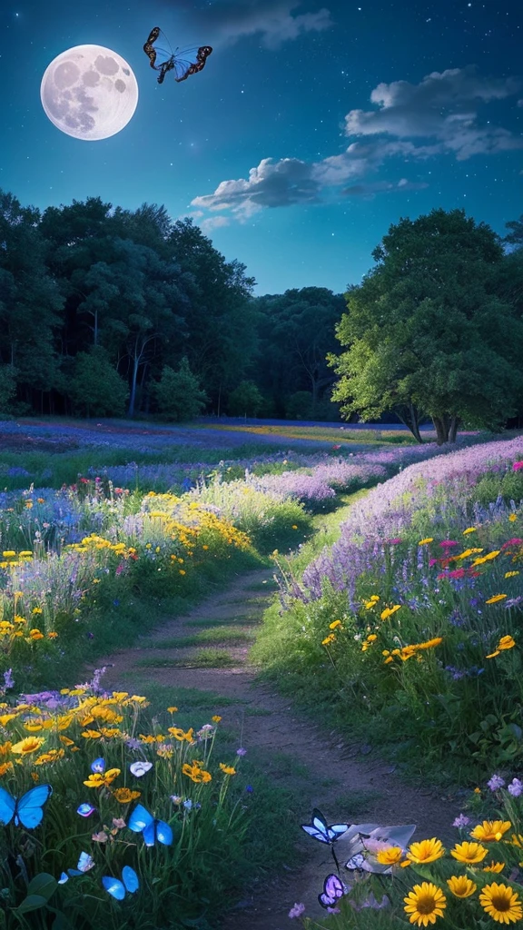 A fantastical night scene with a full moon and blue butterflies, a field of colorful flowers, and a starry sky transitioning to dawn or dusk.