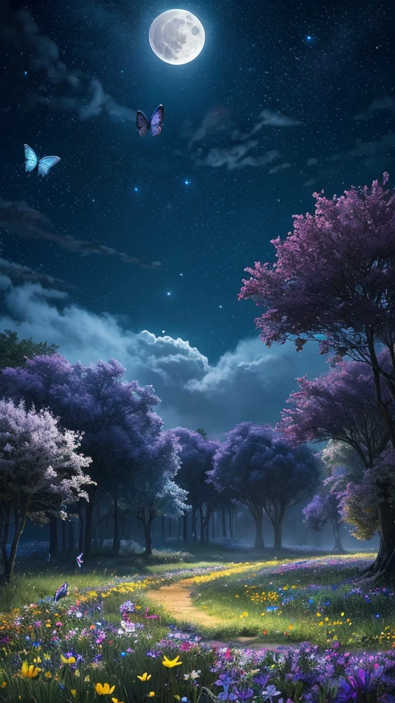 A fantastical night scene with a full moon and blue butterflies, a field of colorful flowers, and a starry sky transitioning to dawn or dusk.