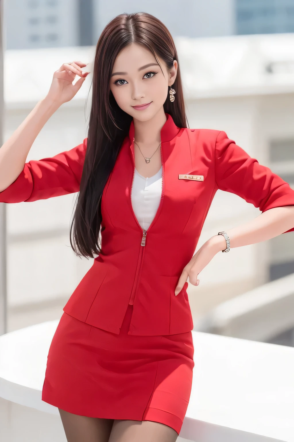 (masterpiece:1.2, Highest quality:1.2), 32k HDR, High resolution, (alone, 1 Girl), （AirAsia stewardess uniform realistic style）, A proper woman, Beautiful Face, Brown Hair, (Long hair down to the legs), (Red jacket:1.1, Unzipped jacket, Unbuttoned white shirt:1.05, Red mini skirt:1.1, pantyhose),（Showing big  through cleavage in unbuttoned white shirt）、（long hair that reaches down to the legs）、Perfect slim body:1.1, Huge breasts, huge breasts cleavage, Detailed skin texture, Beautiful Eyes, (Attractive look:1.2), necklace、Earrings、(forward leaning posture:1.5）, On the roof of a building, Rooftop at daytime,blue eyes、Hands should be lowered
