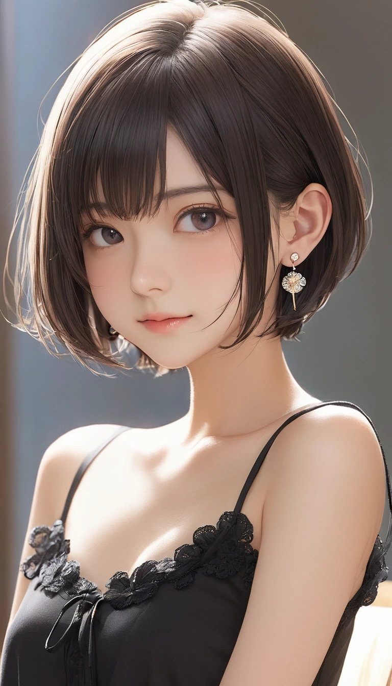 (masterpiece, Highest quality:1.2), One girl, alone,bony body、、, Extra Short Hair, Side lock hair、Earrings