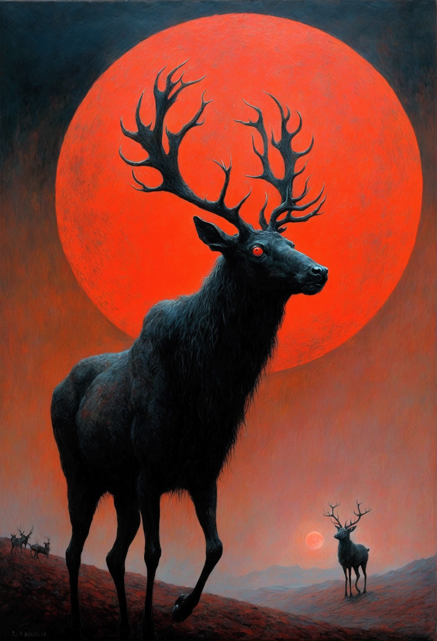 Mythical black reindeer, author:Zdzislaw Beksiński、Big eyes、Red Moon