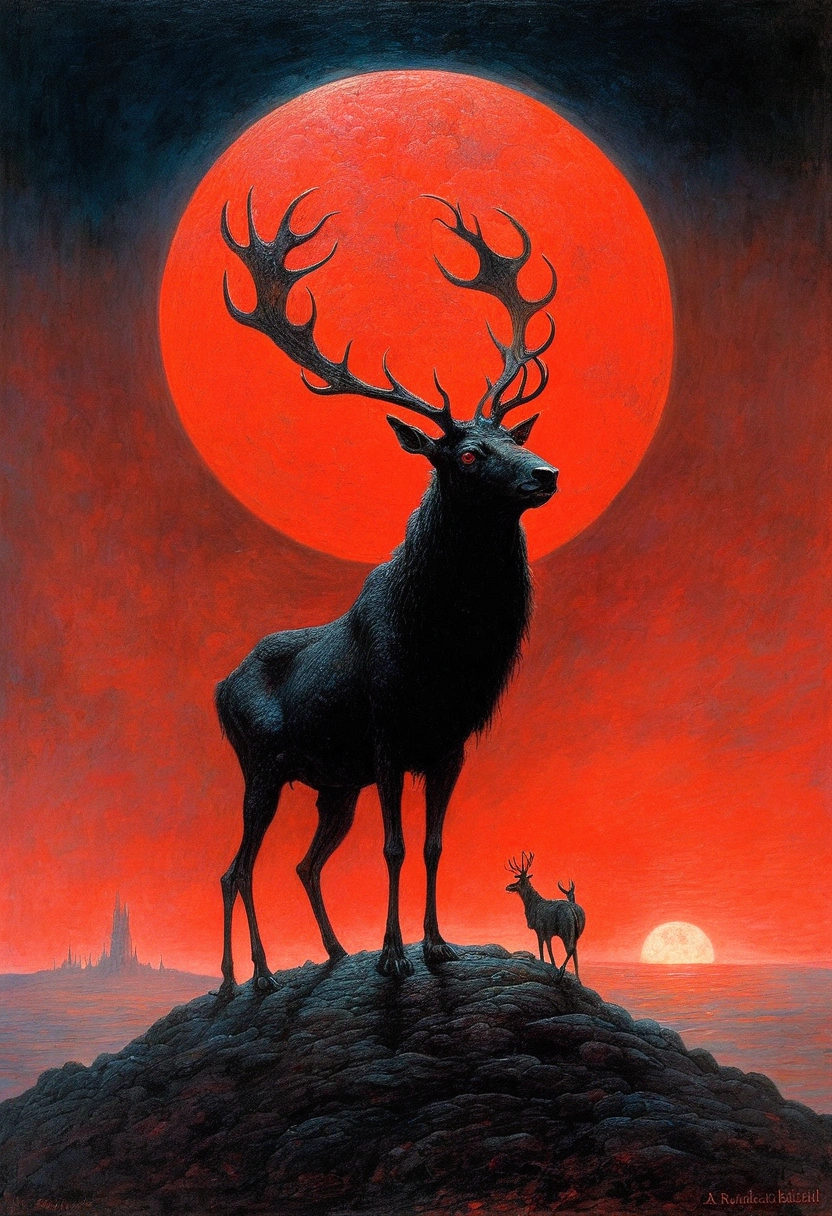 Mythical black reindeer, author：Zdzislaw Beksiński、Big eyes、Red Moon