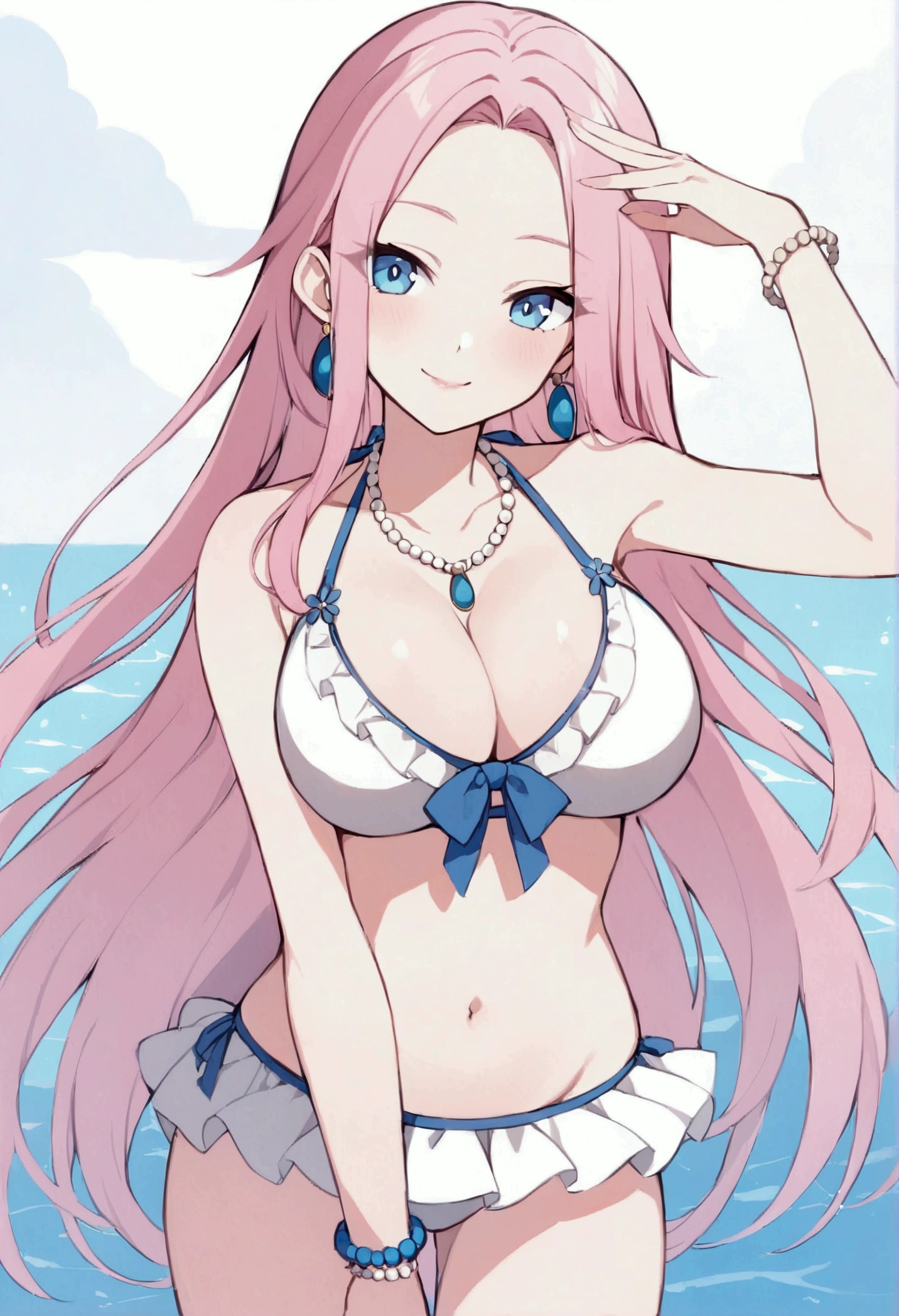 slender, mature female,jewelry, bracelet, 1girl, short hair, pink_hair, breasts, cleavage, blue_eyes, necklace, looking_at_viewer, bead_bracelet, parted_bangs, beads, bare_shoulders, earrings, swimsuit, white_bikini, solo, large_breasts, bangs, bikini, collarbone, frills, skirt, water, crop_top, smile, very_long_hair, pearl_bracelet, bangle, sidelocks, midriff, arm_up, closed_mouth, forehead, navel, standing, cowboy_shot, sleeveless, frilled_bikini, stomach, lips, eyebrows_visible_through_hair, white_skirt,