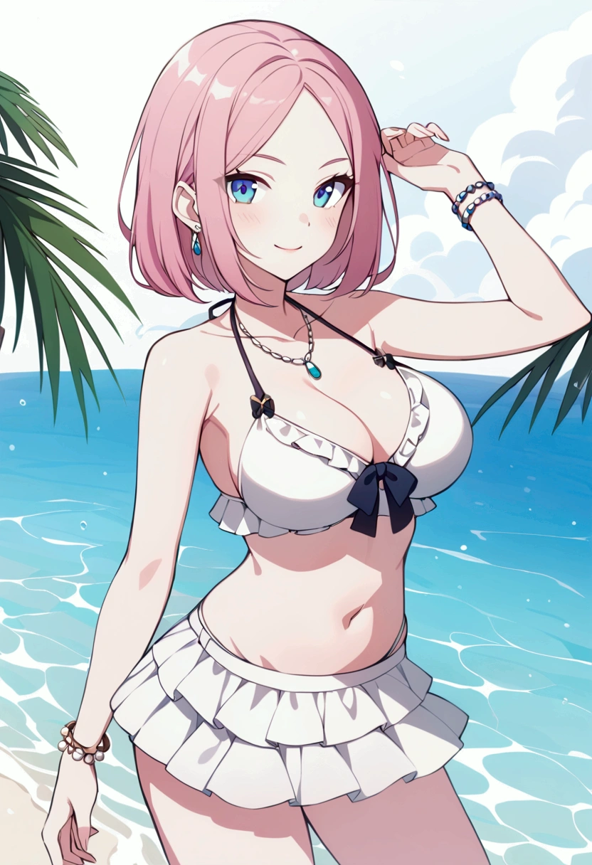 slender, female,jewelry, bracelet, 1girl, short hair, pink_hair, breastvage, blunecklace, looking_at_viewer, bead_bracelet, parted_bangs, beads, bare_shoulders, earrings, swimsuit, white_bikini, solo, large_breasts, bangs, bikinarbone, frills, skirt, water, crop_top, smile, very_long_hair, pearl_bracelet, bangle, sidelocks, midriff, arm_up, closed_mouth, forehead, navel, standing, cowboy_shot, sleeveless, frilled_bikini, stomach, lips, eyebrows_visible_through_hair, white_skirt,