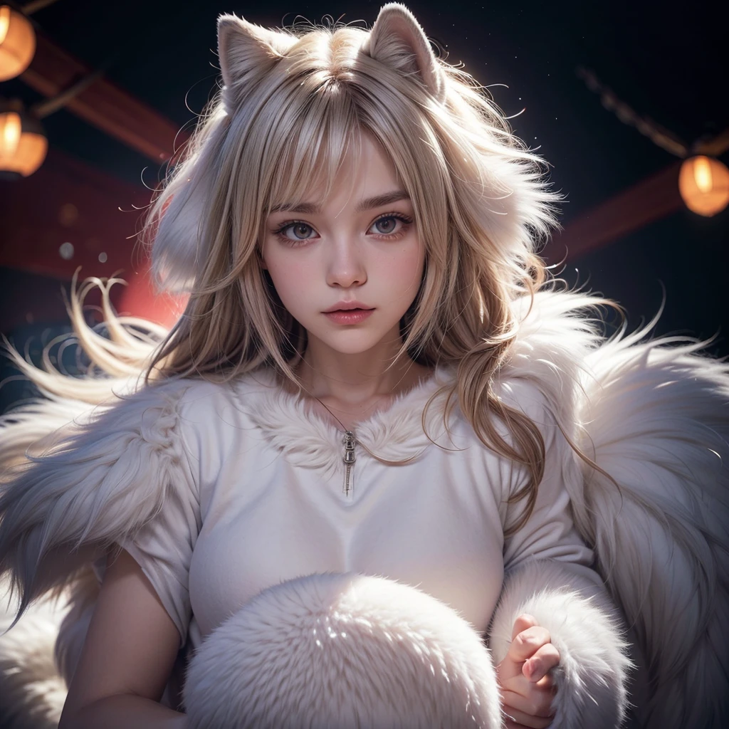 furry, white fur, ultra cute face, red elements on fur, glowing t-shrt, beautiful lights and shadows, ambient light, ultra detailed fur, volumetric light