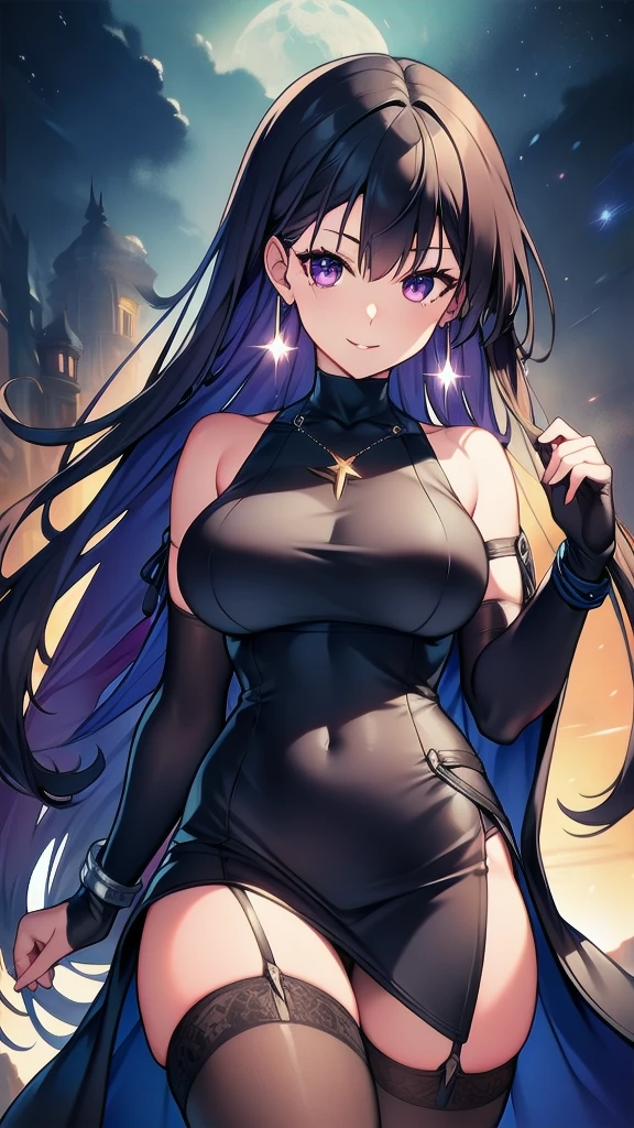 masterpiece, best quality, 1 solo girl, black hair, purple eyes, long hair, medium breasts, sexy body and face, wavy hair, smile, parted lips, gradient clothes, dress, elbow gloves, sleeveless, bare shoulders, cape, boots, bracelet, sleeveless dress, ribbon, black gloves, turtleneck, short dress, pantyhose, black footwear, night, sexy pose, cowboy shots, detailed body, face, and eyes, sharp focus, vibrant, creative, dynamic, high definition, high resolution, 8k, (Upscale: R-ESRGAN 4x+ Anime6mage enchance:4x), voluptuous body, cinema lightning, dakimakura style, looking at the viewer,