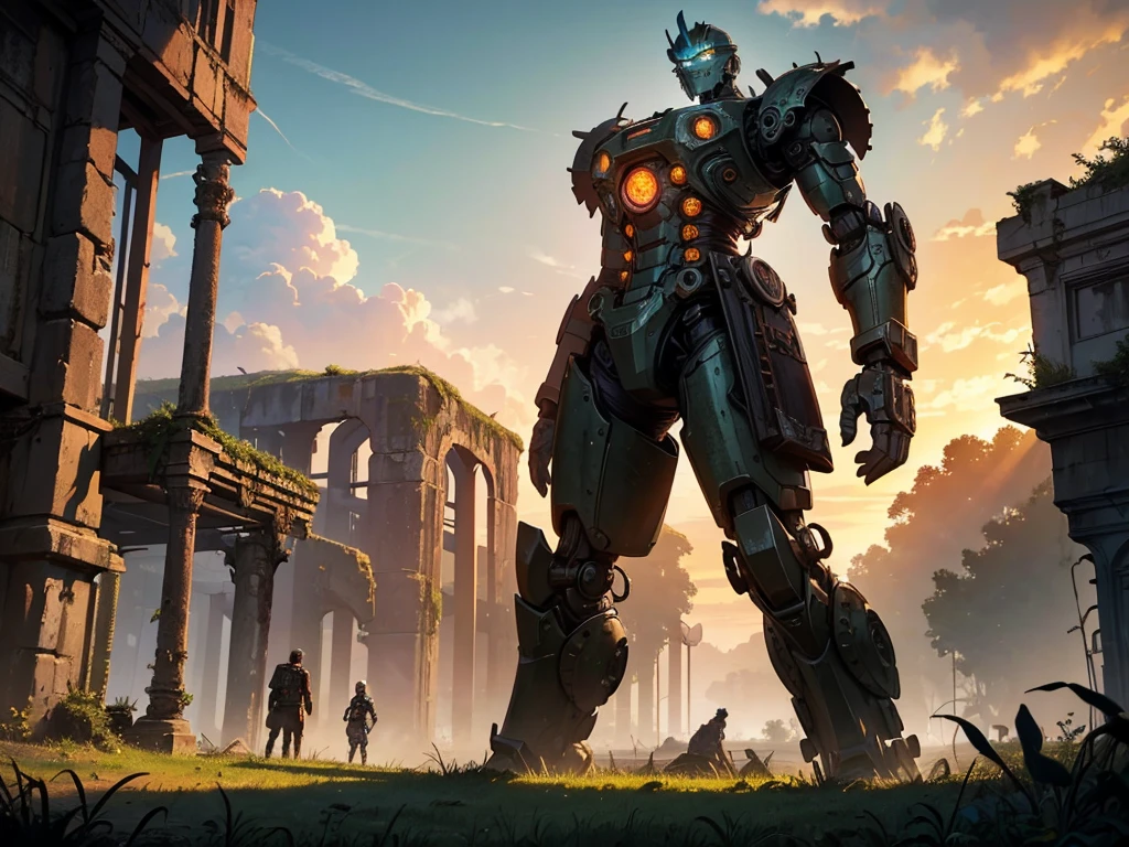 A colossal iron robot stands majestically amidst an ancient and mystical landscape. The robot, towering over its surroundings, is covered in rust and moss, showing signs of age and wear. Its body is composed of intricate, weathered metal plates, gears, and joints, giving it a steampunk-like appearance. Glowing eyes emit a faint, eerie light, adding to its enigmatic and powerful presence. The background features remnants of ancient ruins, overgrown with lush greenery and vines, hinting at a long-forgotten era. The sky is painted with a gradient of orange and purple hues, suggesting the setting sun and adding a dramatic atmosphere to the scene.